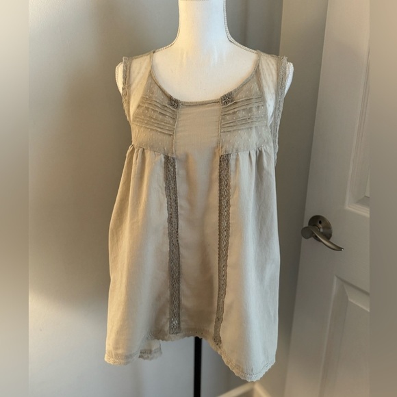 Vintage America sleeveless tan blouse lace & cotton boho size medium - Picture 1 of 8